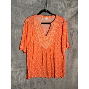 Sundance Orange Geometric Print embroidered V Neck Tunic Top Women's Medium‎